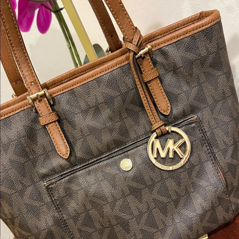 Michael Kors Dark Brown Tote Tan Accents MK gold purse bag designer handbag